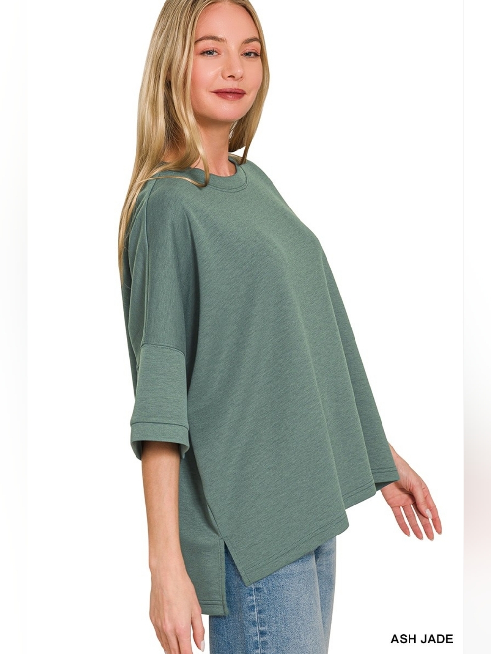 Zenana Full Size Scuba Round Neck Top With Side Slits Plus Size - Picture 2 of 5